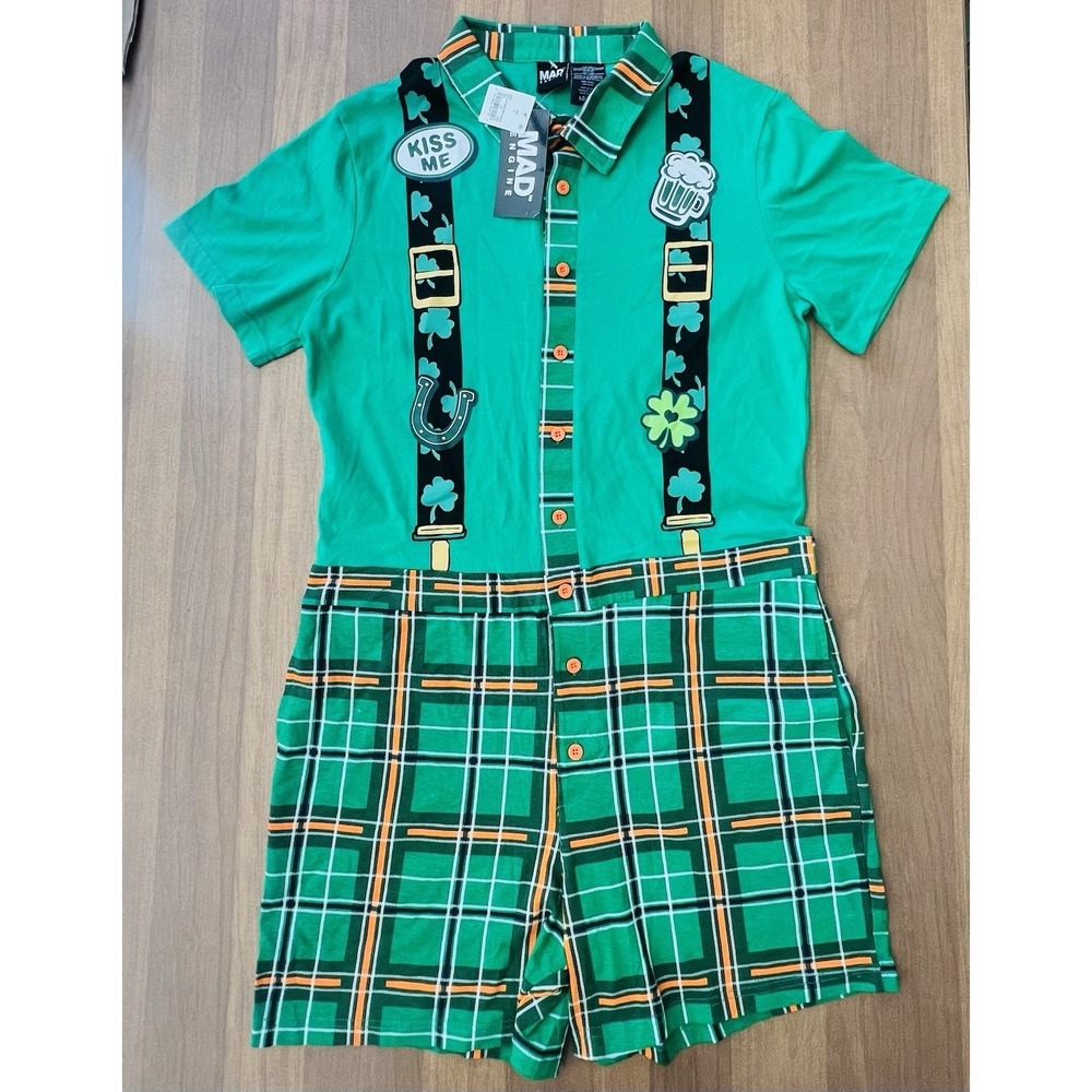 St. Patrick's Day Green Plaid Shirt/Shorts Romper One Piece Outfit Size‎ L NWT